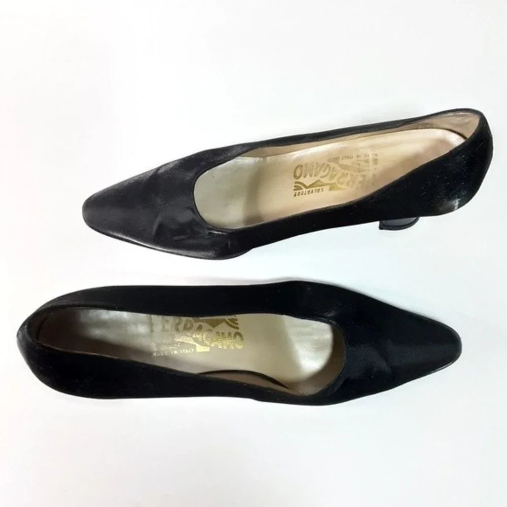 Salvatore Ferragamo Vintage Satin Pumps Chunky Kitten Heels Elegant Chic 7B - Picture 4 of 16